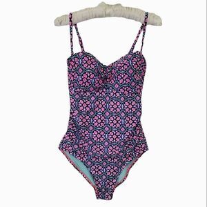 Catalina Pink Patterned Ruched Removable Strap One Piece Swimsuit Size S